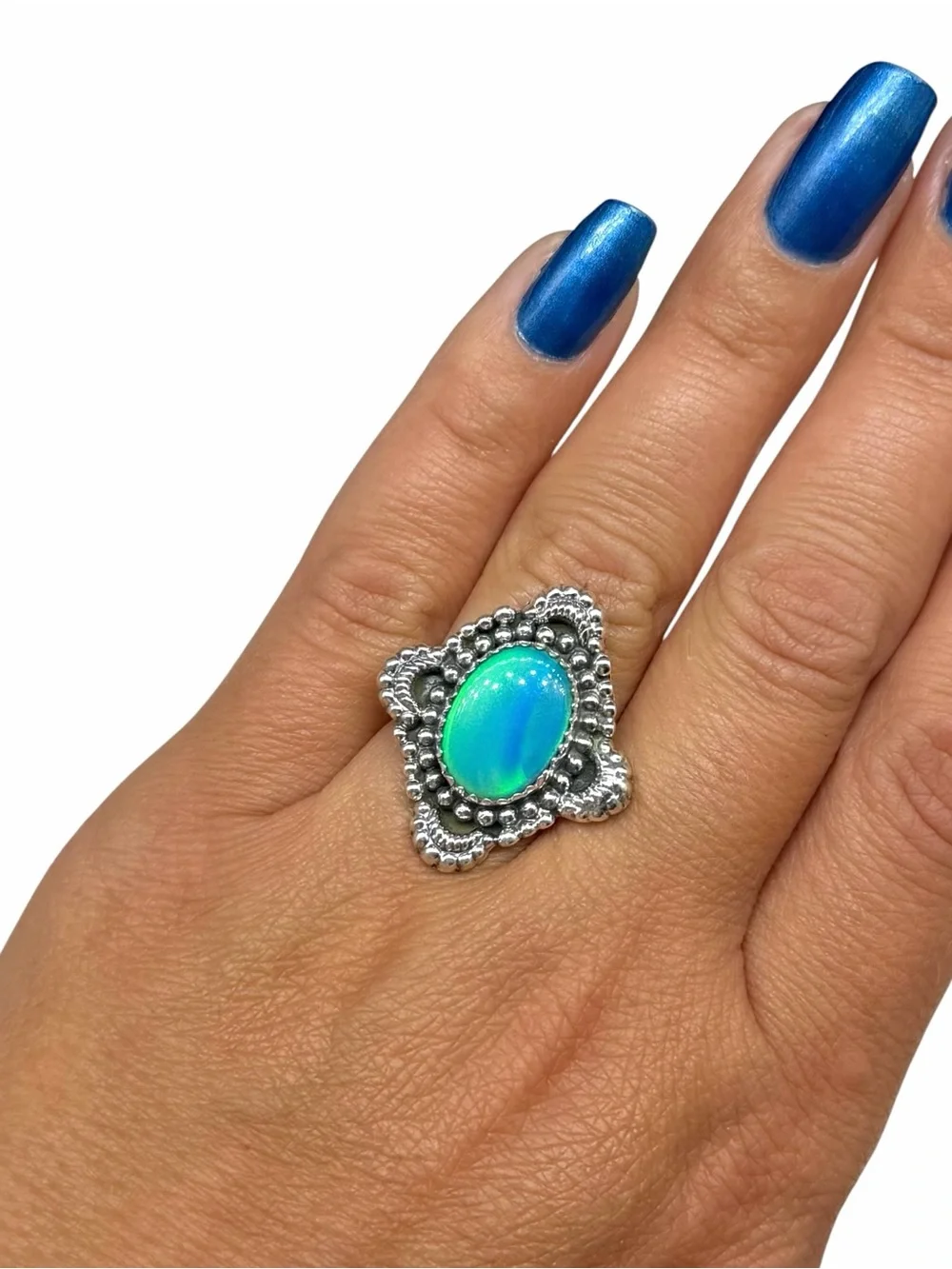 Aurora Fire Opal Ring Size 7 Solid 925 Sterling Silver